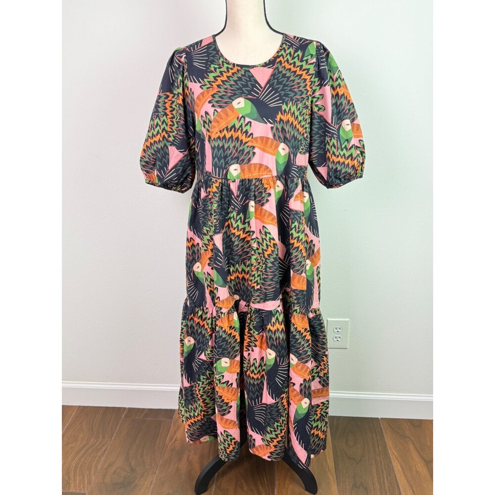 Farm Rio Toucan Print Midi Dress Small Puff Sleeve Tropical Resort Dopamine Boho